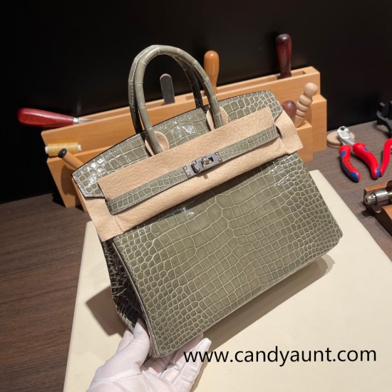 Hermes Birkin25cm porous Crocodile 81/Gris Tourterelle Silver Hardware Full Handmade 002 Hermes Birkin25cm porous Crocodile 81/Gris Tourterelle Silver Hardware Full Handmade 002