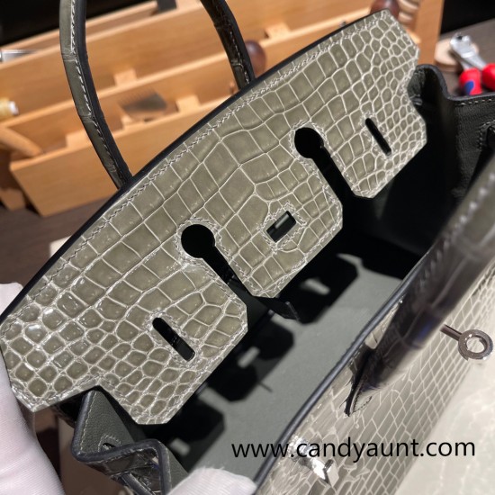 Hermes Birkin25cm porous Crocodile 81/Gris Tourterelle Silver Hardware Full Handmade 002 Hermes Birkin25cm porous Crocodile 81/Gris Tourterelle Silver Hardware Full Handmade 002