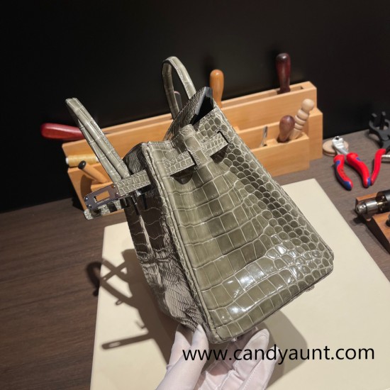 Hermes Birkin25cm porous Crocodile 81/Gris Tourterelle Silver Hardware Full Handmade 002 Hermes Birkin25cm porous Crocodile 81/Gris Tourterelle Silver Hardware Full Handmade 002