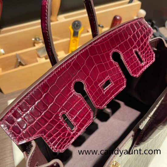 Hermes Birkin25 Crocodile Niloticus Bordeaux Gold Hardware Full Handmade 006 Hermes Birkin25 Crocodile Niloticus Bordeaux Gold Hardware Full Handmade 006