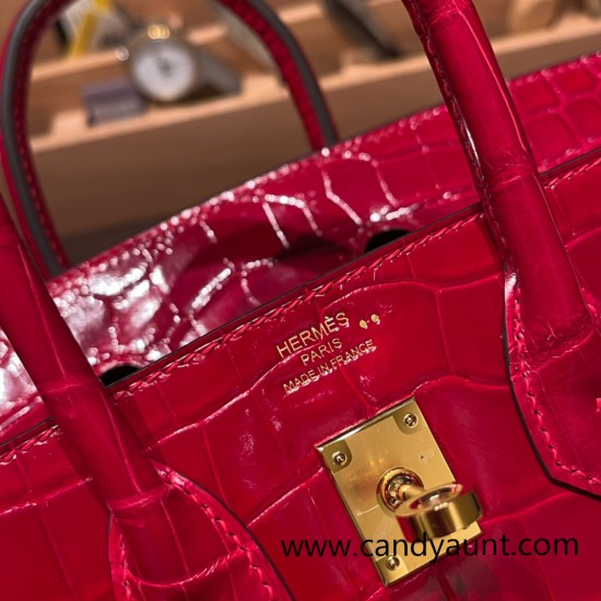 Hermes Birkin25 Crocodile Niloticus Q5/Rouse CasaqueGold Hardware Full Handmade 007 Hermes Birkin25 Crocodile Niloticus Q5/Rouse CasaqueGold Hardware Full Handmade 007