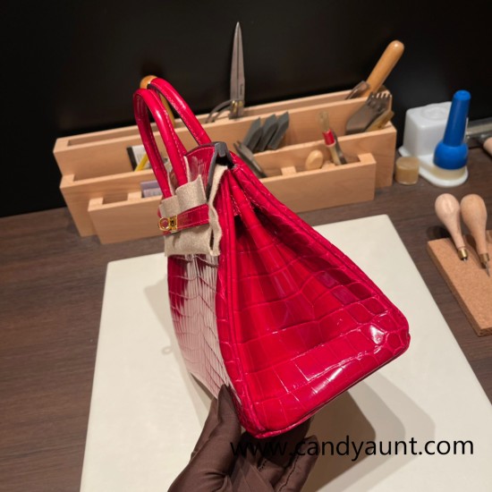 Hermes Birkin25 Crocodile Niloticus Q5/Rouse CasaqueGold Hardware Full Handmade 007 Hermes Birkin25 Crocodile Niloticus Q5/Rouse CasaqueGold Hardware Full Handmade 007