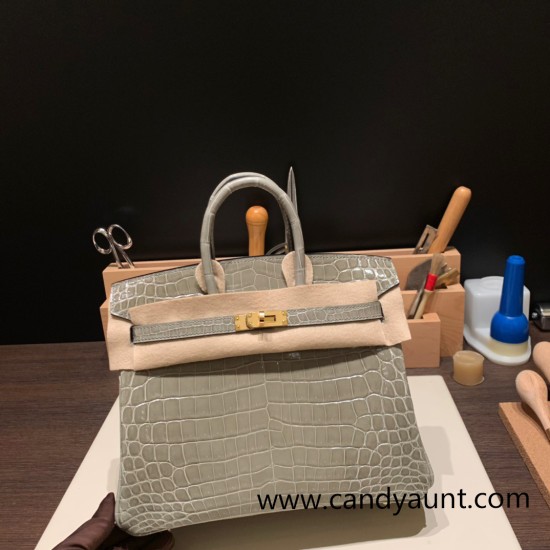 Hermes Birkin25 Crocodile Niloticus 81/Gris Tourterelle Gold Hardware Full Handmade 009 Hermes Birkin25 Crocodile Niloticus 81/Gris Tourterelle Gold Hardware Full Handmade 009