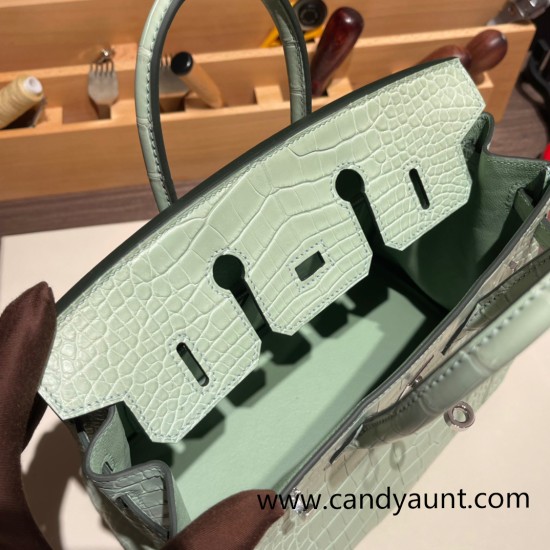 Hermes Birkin25 Alligator Crocodile 6u/vert deau Silver Hardware Full Handmade 012 Hermes Birkin25 Alligator Crocodile 6u/vert deau Silver Hardware Full Handmade 012