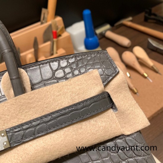 Birkin25 Matte Alligator Crocodile 88/Graphite Silver Hardware Full Handmade 013 Birkin25 Matte Alligator Crocodile 88/Graphite Silver Hardware Full Handmade 013