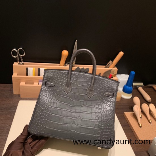 Birkin25 Matte Alligator Crocodile 88/Graphite Silver Hardware Full Handmade 013 Birkin25 Matte Alligator Crocodile 88/Graphite Silver Hardware Full Handmade 013