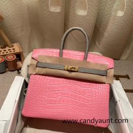 Birkin25 Alligator Crocodile 5P/Pink & 80/Pearl Grey Gold Hardware Full Handmade 014