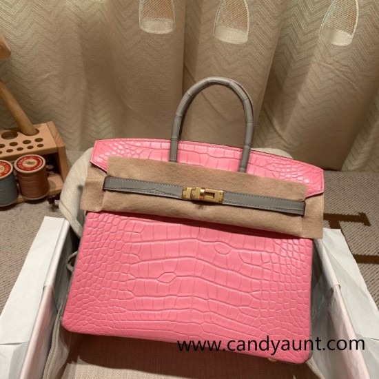 Birkin25 Alligator Crocodile 5P/Pink & 80/Pearl Grey Gold Hardware Full Handmade 014 Birkin25 Alligator Crocodile 5P/Pink & 80/Pearl Grey Gold Hardware Full Handmade 014
