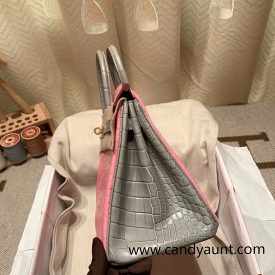 Birkin25 Alligator Crocodile 5P/Pink & 80/Pearl Grey Gold Hardware Full Handmade 014 Birkin25 Alligator Crocodile 5P/Pink & 80/Pearl Grey Gold Hardware Full Handmade 014