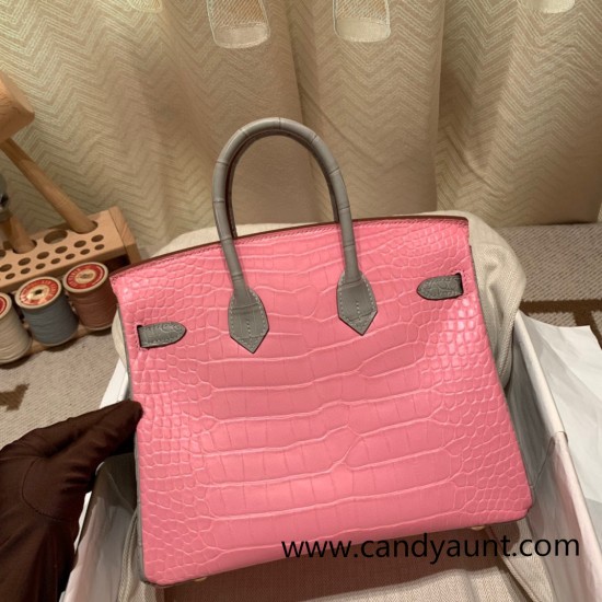 Birkin25 Alligator Crocodile 5P/Pink & 80/Pearl Grey Gold Hardware Full Handmade 014 Birkin25 Alligator Crocodile 5P/Pink & 80/Pearl Grey Gold Hardware Full Handmade 014