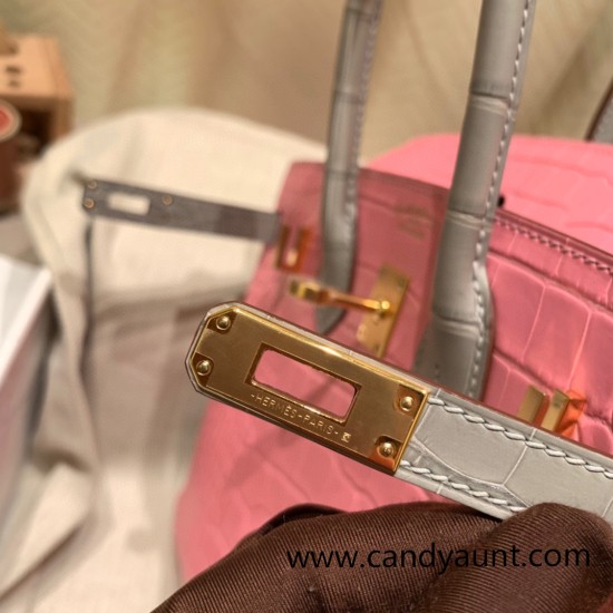 Birkin25 Alligator Crocodile 5P/Pink & 80/Pearl Grey Gold Hardware Full Handmade 014 Birkin25 Alligator Crocodile 5P/Pink & 80/Pearl Grey Gold Hardware Full Handmade 014