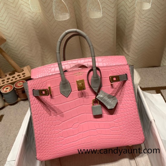 Birkin25 Alligator Crocodile 5P/Pink & 80/Pearl Grey Gold Hardware Full Handmade 014 Birkin25 Alligator Crocodile 5P/Pink & 80/Pearl Grey Gold Hardware Full Handmade 014