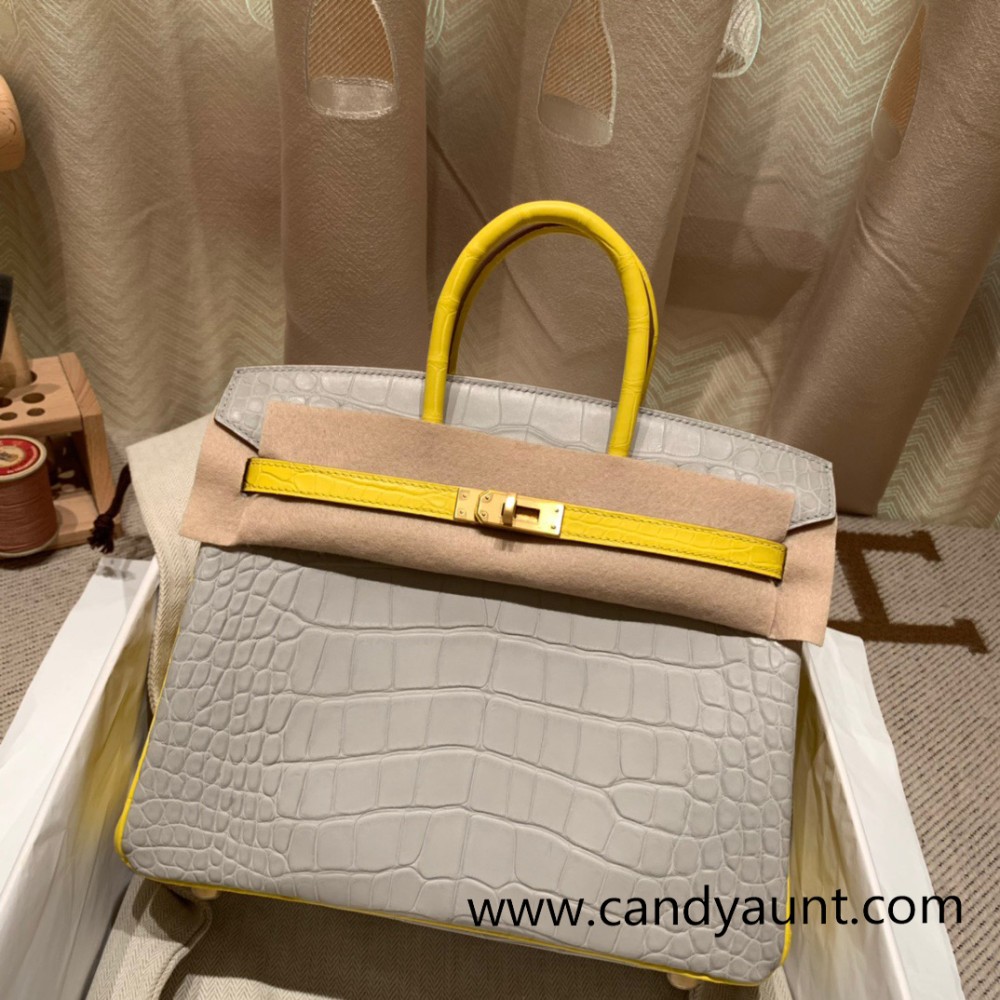 Birkin25 Alligator Crocodile 80/Pearl Grey& M9 mimosa Gold Hardware Full Handmade 015