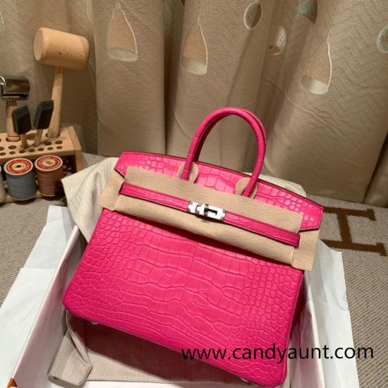 Birkin25 Alligator Crocodile 5R/Rose Shocking Silver Hardware Full Handmade 016 Birkin25 Alligator Crocodile 5R/Rose Shocking Silver Hardware Full Handmade 016