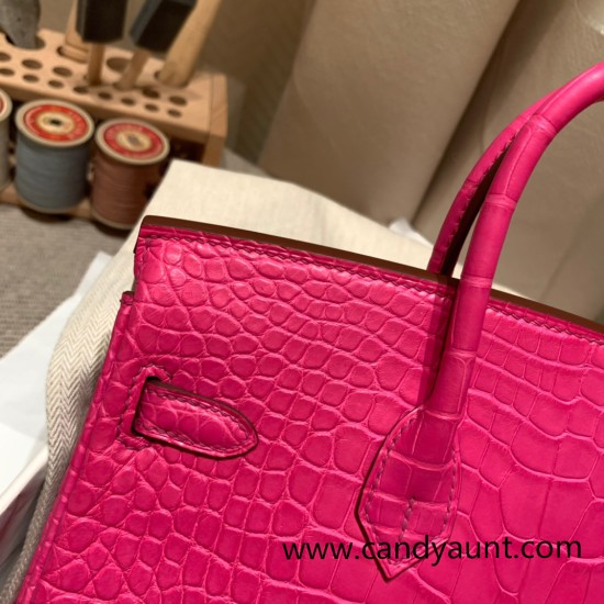 Birkin25 Alligator Crocodile 5R/Rose Shocking Silver Hardware Full Handmade 016 Birkin25 Alligator Crocodile 5R/Rose Shocking Silver Hardware Full Handmade 016
