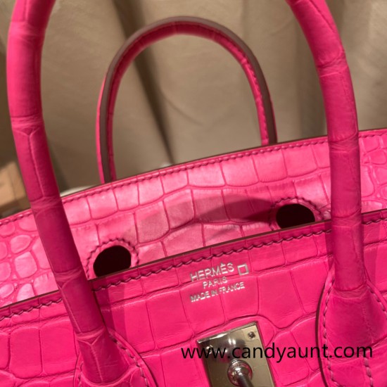 Birkin25 Alligator Crocodile 5R/Rose Shocking Silver Hardware Full Handmade 016 Birkin25 Alligator Crocodile 5R/Rose Shocking Silver Hardware Full Handmade 016