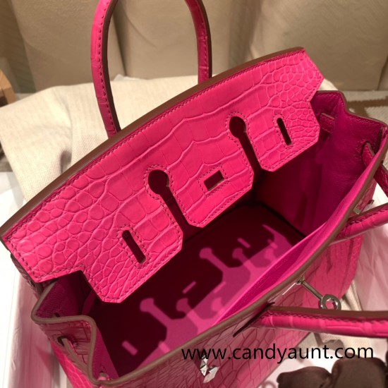 Birkin25 Alligator Crocodile 5R/Rose Shocking Silver Hardware Full Handmade 016 Birkin25 Alligator Crocodile 5R/Rose Shocking Silver Hardware Full Handmade 016