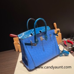 Birkin25 Alligator Crocodile touch Bleu Hydra& Bleu Izmir Silver Hardware Full Handmade 017