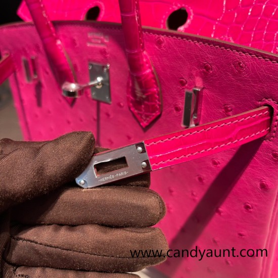Birkin25 Ostrich& Crocodile 8T Rose Candy& 5J Fuschia Silver Hardware Full Handmade 018 Birkin25 Ostrich& Crocodile 8T Rose Candy& 5J Fuschia Silver Hardware Full Handmade 018