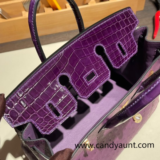 Birkin25 Ostrich &Crocodile P9/ Anemone& N5/CASSIS Gold Hardware Full Handmade 020 Birkin25 Ostrich &Crocodile P9/ Anemone& N5/CASSIS Gold Hardware Full Handmade 020