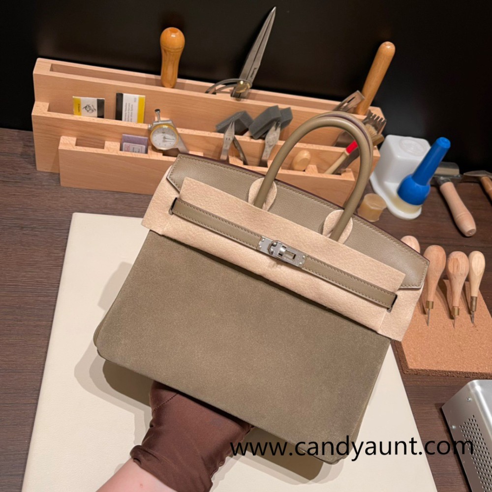 25cm birkin Chamois 18/Étoupe Grey Silver Hardware Full Handmade 024