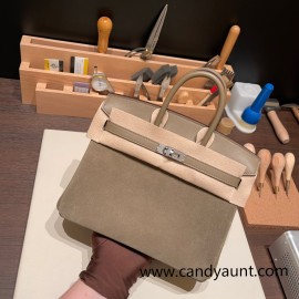 25cm birkin Chamois 18/Étoupe Grey Silver Hardware Full Handmade 024