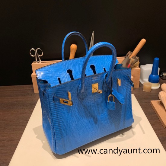 Hermes Birkin 25cm Lizard T7/Blue Hydra Gold Hardware Full Handmade 033 Hermes Birkin 25cm Lizard T7/Blue Hydra Gold Hardware Full Handmade 033