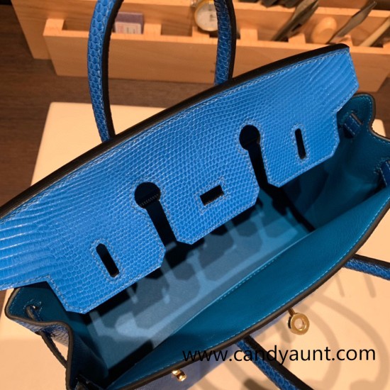 Hermes Birkin 25cm Lizard T7/Blue Hydra Gold Hardware Full Handmade 033 Hermes Birkin 25cm Lizard T7/Blue Hydra Gold Hardware Full Handmade 033