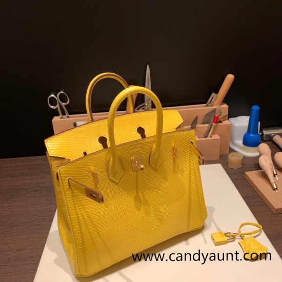 Hermes Birkin 25cm Lizard 9L/CANARI Gold Hardware Full Handmade 039 Hermes Birkin 25cm Lizard 9L/CANARI Gold Hardware Full Handmade 039