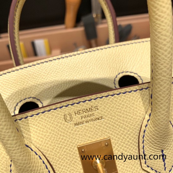 Hermes Birkin 25cm Epsom 1Z /Jaune Poussin& 7T/Blue Electric Full Handmade 050 Hermes Birkin 25cm Epsom 1Z /Jaune Poussin& 7T/Blue Electric Full Handmade 050