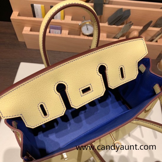 Hermes Birkin 25cm Epsom 1Z /Jaune Poussin& 7T/Blue Electric Full Handmade 050 Hermes Birkin 25cm Epsom 1Z /Jaune Poussin& 7T/Blue Electric Full Handmade 050