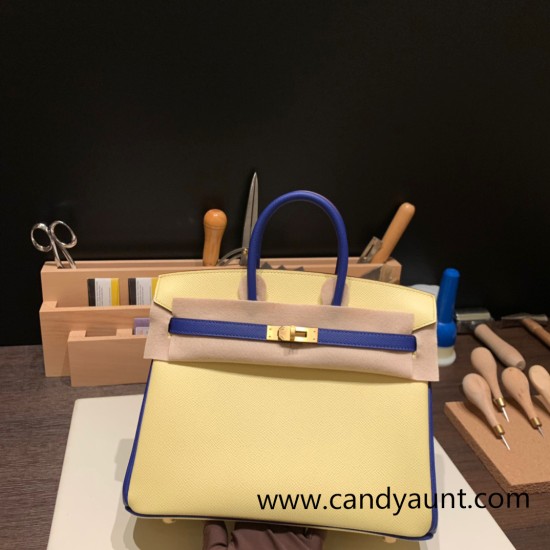 Hermes Birkin 25cm Epsom 1Z/ Jaune Poussin & 7T /Blue Electric Gold Hardware Full Handmade 053 Hermes Birkin 25cm Epsom 1Z/ Jaune Poussin & 7T /Blue Electric Gold Hardware Full Handmade 053