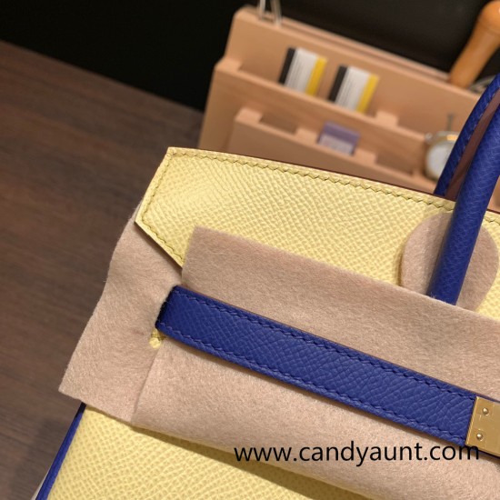 Hermes Birkin 25cm Epsom 1Z/ Jaune Poussin & 7T /Blue Electric Gold Hardware Full Handmade 053 Hermes Birkin 25cm Epsom 1Z/ Jaune Poussin & 7T /Blue Electric Gold Hardware Full Handmade 053