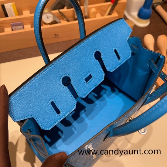 Hermes Birkin 25cm Chevre 0F /Blue Frida Silver Hardware Full Handmade 168 Hermes Birkin 25cm Chevre 0F /Blue Frida Silver Hardware Full Handmade 168