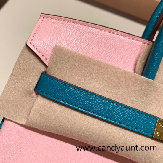 Hermes Birkin 25cm Chevre 3Q/ Rose Sakura & 7F/ Blue Paon Gold Hardware Full Handmade 172 Hermes Birkin 25cm Chevre 3Q/ Rose Sakura & 7F/ Blue Paon Gold Hardware Full Handmade 172
