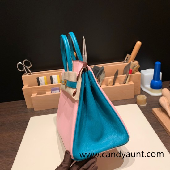 Hermes Birkin 25cm Chevre 3Q/ Rose Sakura & 7F/ Blue Paon Gold Hardware Full Handmade 172 Hermes Birkin 25cm Chevre 3Q/ Rose Sakura & 7F/ Blue Paon Gold Hardware Full Handmade 172