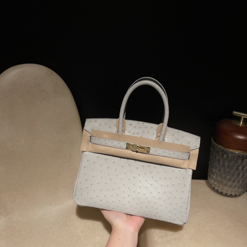 4Z Gold Hardware 4Z/Gris Mouette Hermès Birkin Ostrich 25cm High-End Custom-Made Birkin 30cm South African KK Ostrich  