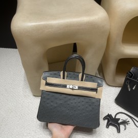 88/Graphite & 89/Black (Noir) Frosted Silver Hardware High-End Custom-Made 25 Birkin South African KK Ostrich  