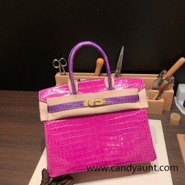 Hermes Birkin 30cm porosus Crocodile 8T/Rose Candy Gold Hardware  Full Handmade birkin30-001