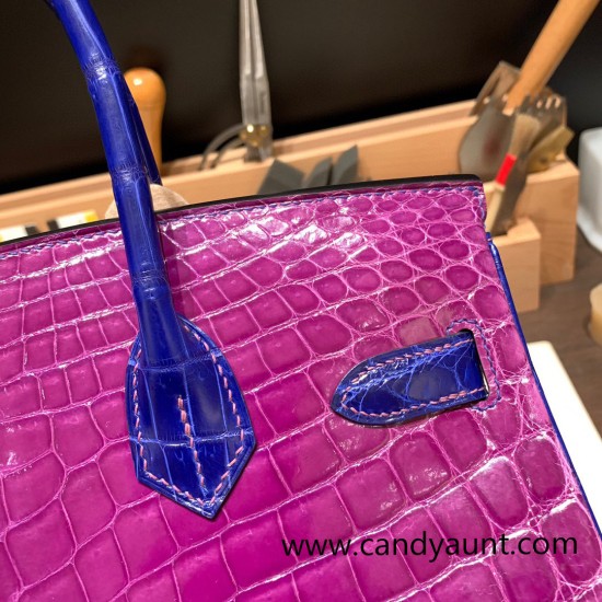 Hermes Birkin 30cm porosus Crocodile P9 /Anemone& 7T /Blue Electric Gold Hardware Full Handmade Hermes Birkin 30cm porosus Crocodile P9 /Anemone& 7T /Blue Electric Gold Hardware Full Handmade