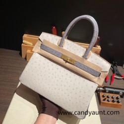Hermes Birkin 30cm Ostrich 8L/Beton& R2 /Blue AgateGold Hardware  Full Handmade