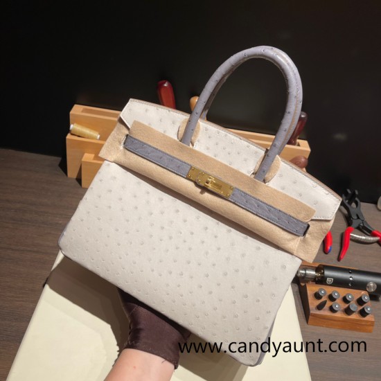 Hermes Birkin 30cm Ostrich 8L/Beton& R2 /Blue AgateGold Hardware Full Handmade Hermes Birkin 30cm Ostrich 8L/Beton& R2 /Blue AgateGold Hardware Full Handmade