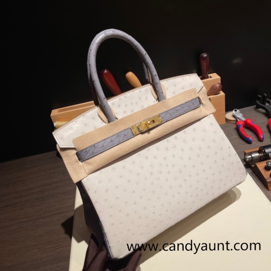 Hermes Birkin 30cm Ostrich 8L/Beton& R2 /Blue AgateGold Hardware Full Handmade Hermes Birkin 30cm Ostrich 8L/Beton& R2 /Blue AgateGold Hardware Full Handmade