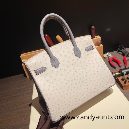 Hermes Birkin 30cm Ostrich 8L/Beton& R2 /Blue AgateGold Hardware Full Handmade Hermes Birkin 30cm Ostrich 8L/Beton& R2 /Blue AgateGold Hardware Full Handmade