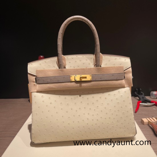 Hermes Birkin 30cm Ostrich M8/Gris Asphalt & 3C /Parchemin Gold Hardware Full Handmade Hermes Birkin 30cm Ostrich M8/Gris Asphalt & 3C /Parchemin Gold Hardware Full Handmade