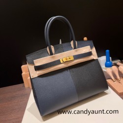 Hermes Birkin 30cm Casaque 89/ Black & 76/Blue Indigo & 0F/Blue Frida Gold Hardware  Full Handmade