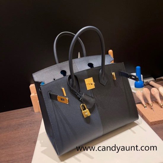Hermes Birkin 30cm Casaque 89/ Black & 76/Blue Indigo & 0F/Blue Frida Gold Hardware Full Handmade Hermes Birkin 30cm Casaque 89/ Black & 76/Blue Indigo & 0F/Blue Frida Gold Hardware Full Handmade