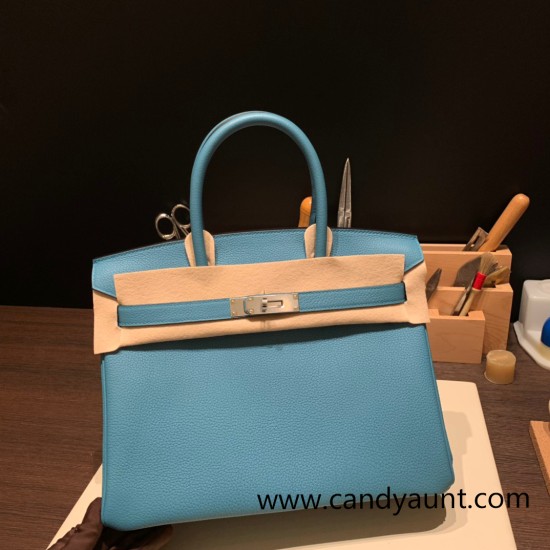 Hermes birkin 30cm togo 7B /Turquoise Blue Silver Hardware Full Handmade Hermes birkin 30cm togo 7B /Turquoise Blue Silver Hardware Full Handmade