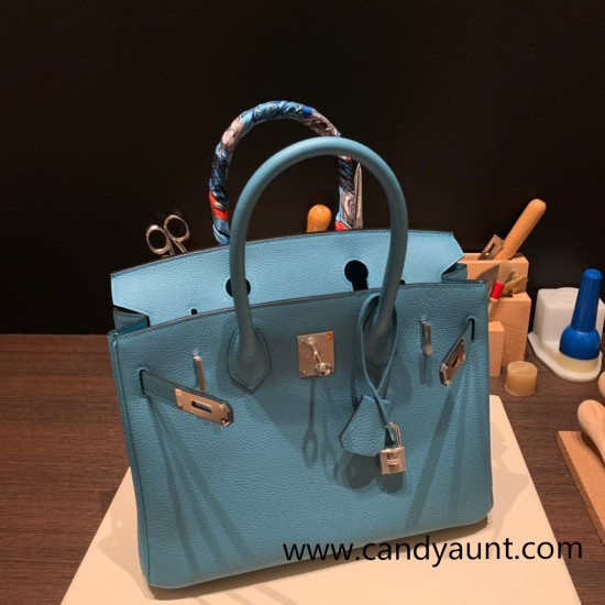 Hermes birkin 30cm togo 7B /Turquoise Blue Silver Hardware Full Handmade Hermes birkin 30cm togo 7B /Turquoise Blue Silver Hardware Full Handmade