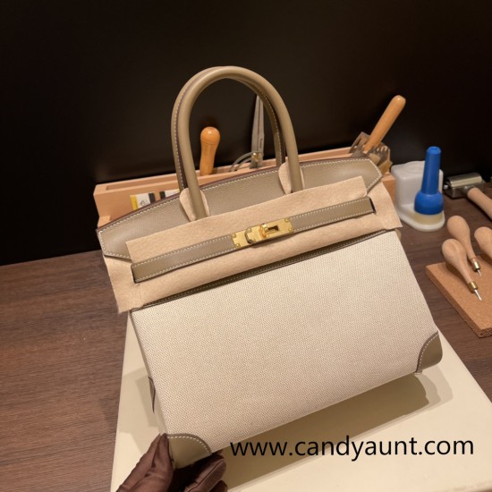 Hermes birkin 30cm swift& Canvas 18 /Étoupe Grey Silver Hardware Full Handmade Hermes birkin 30cm swift& Canvas 18 /Étoupe Grey Silver Hardware Full Handmade